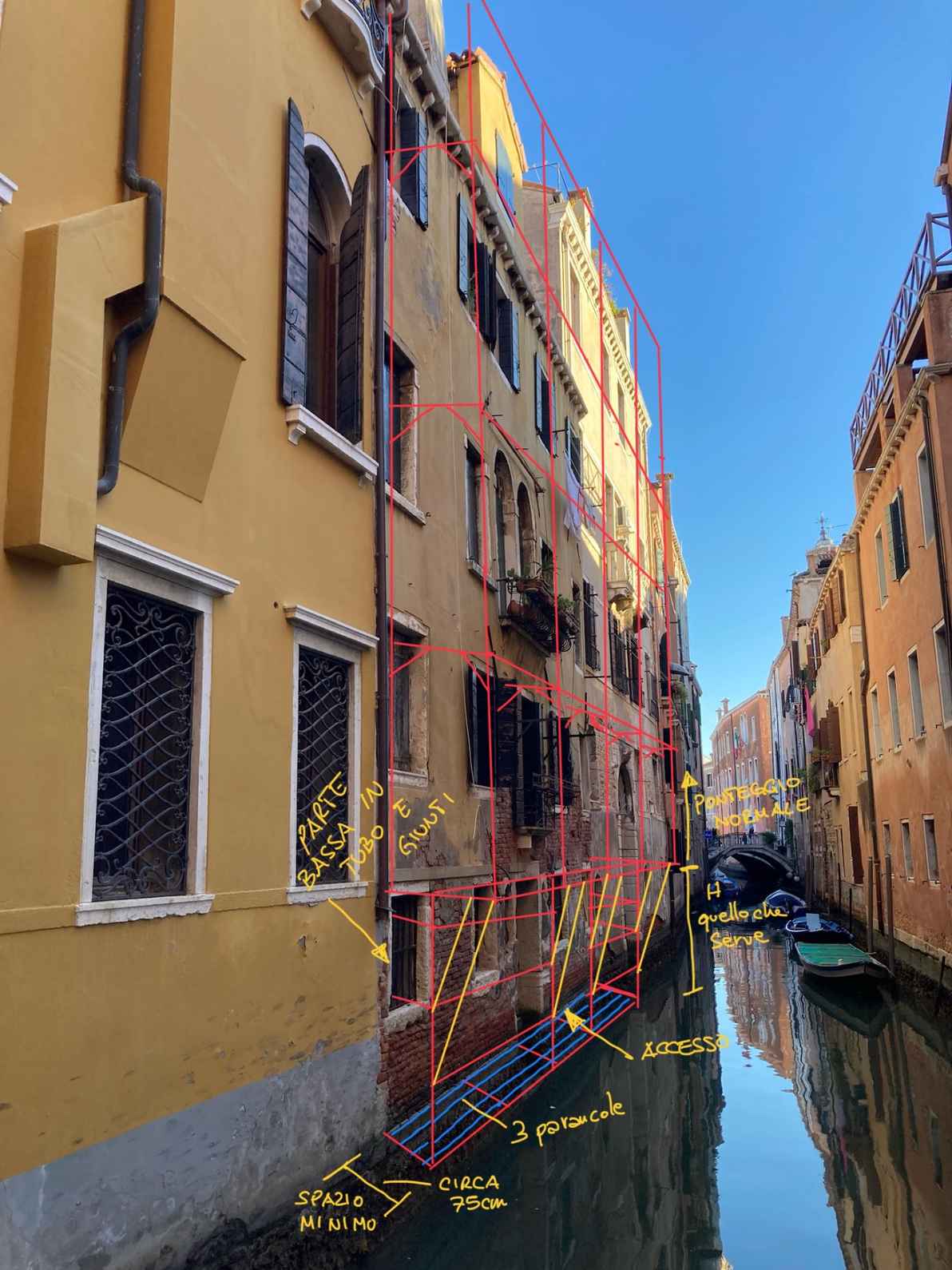 Progettazione ponteggio per facciata fronte rio a Venezia