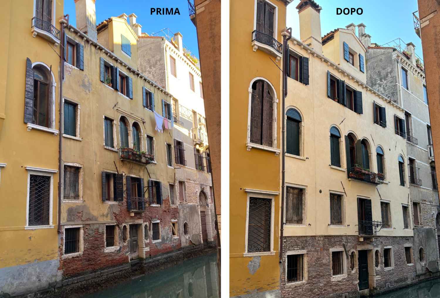 Pre-restauro e post-resturo intonaco facciata fronte rio a Venezia