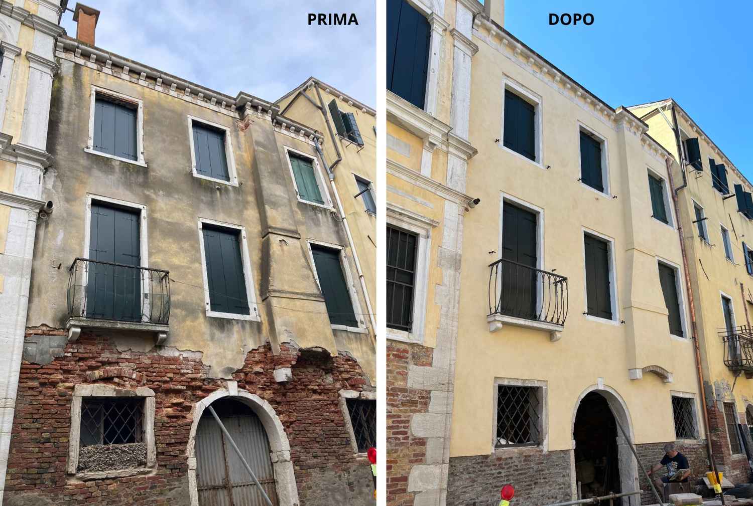 Pre-restauro e post-resturo intonaco facciata a Venezia