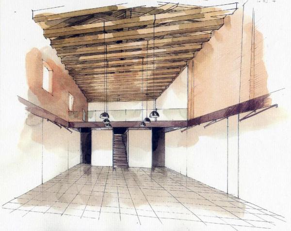 Schizzo progetto ad acquerello dello spazio espositivo a Venezia 