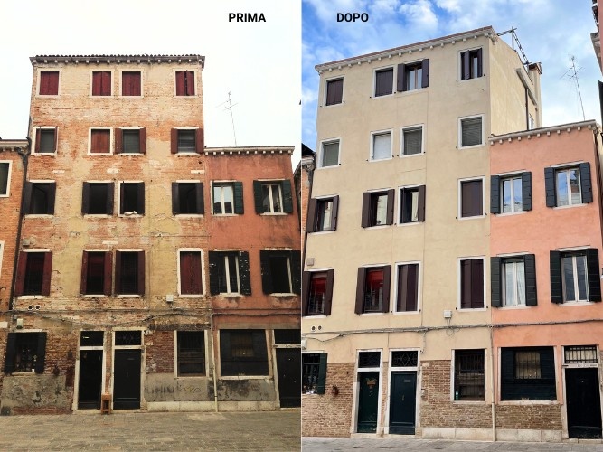 Pre e post restauro della facciata di una palazzina a Venezia